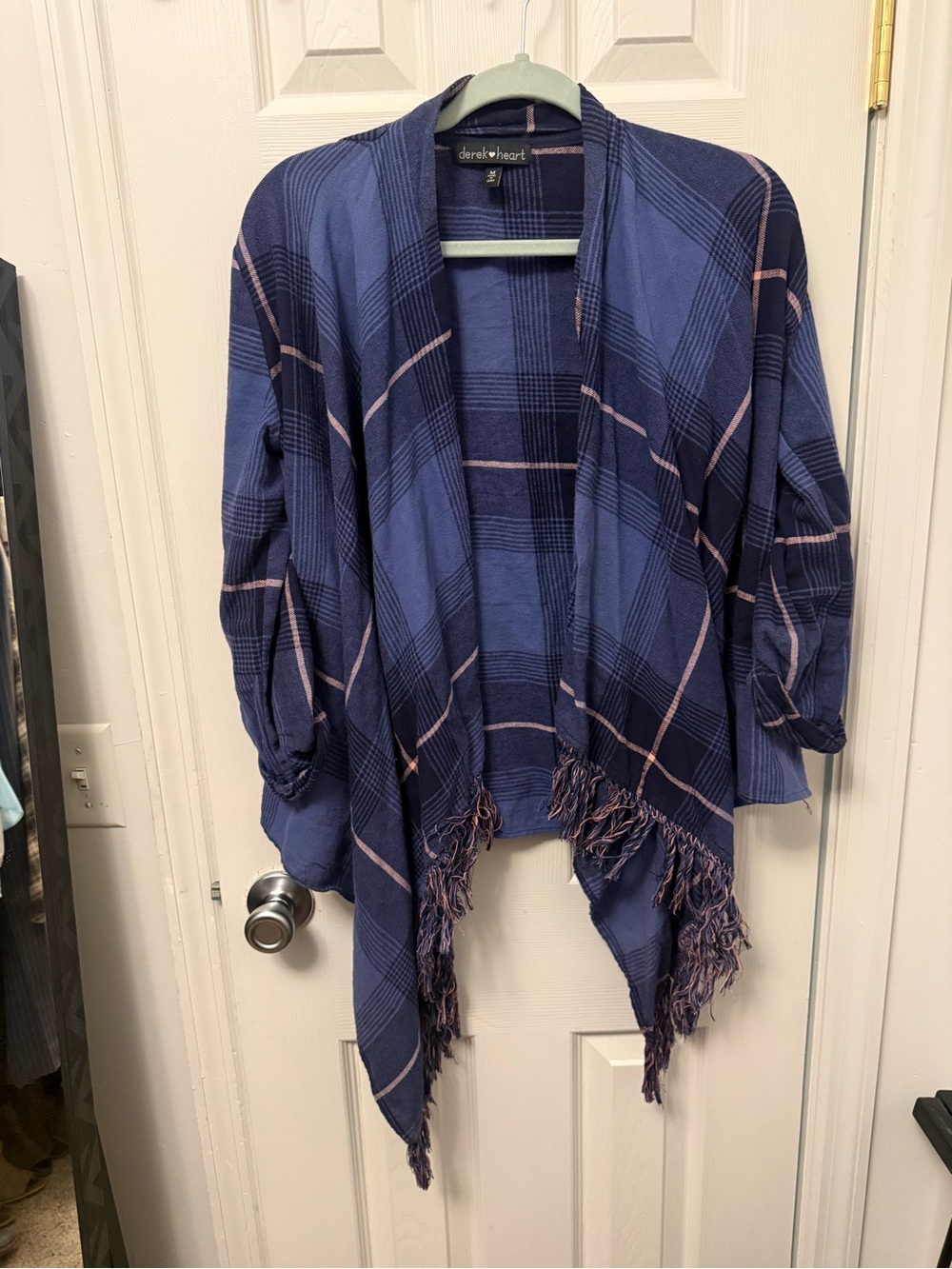 Derek Heart navy blue plaid fringe open-front cardigan
